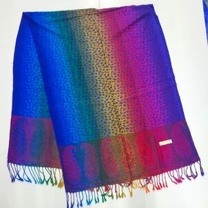 Scarf Wrap Sarong Fringe Cashmere Silk Blend Blue and Purple Gradient Paisley